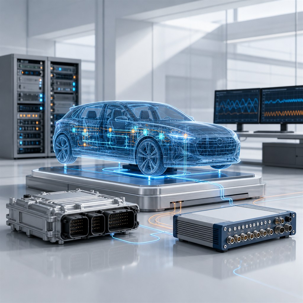 軟體定義車輛、ECU 與 HIL 驗證系統整合概念圖